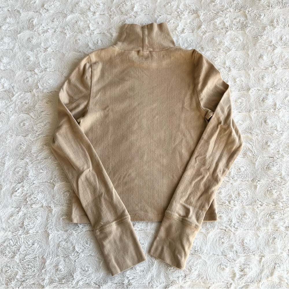 Aerie Top Shirt Womens Small Tan Ribbed Funnel Neck Long Sleeve Stretch Neutral - Picture 2 of 12